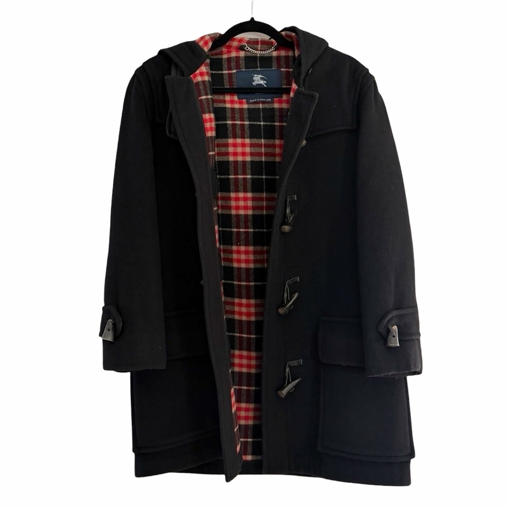 BURBERRY Wool Vintage Plaid Nova Black Hooded Toggle Car Coat Jacket Sz L - Picture 3 of 11